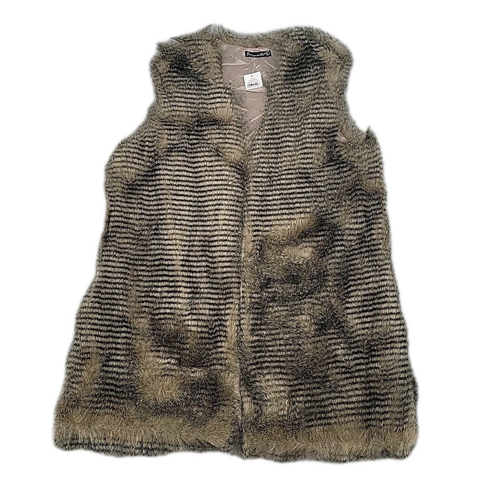 Amanda Blu NEW Womens Owl Vest Size Large Long Fur Brown Cute Open Front Pockets